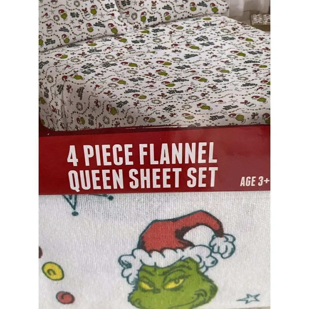4 Pc Dr. Seuss The Grinch QUEEN Size Cotton Flannel Sheet Set Christmas Soft NEW